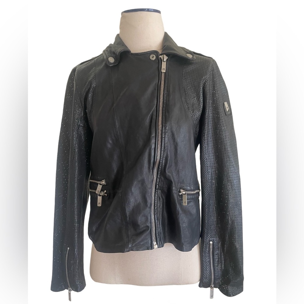 Mauritius Black Lambskin Leather Moto Jacket Perforated Sleeves Racer Biker Top